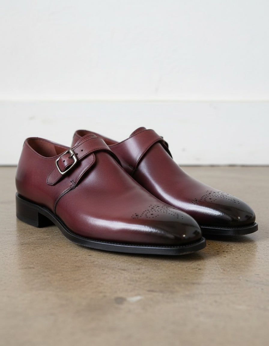Handmade Mens Maroon Brogue Monk dress shoes, Men leather formal shoes - angle-view-showing-depth