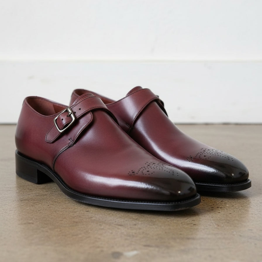 Handmade Mens Maroon Brogue Monk dress shoes, Men leather formal shoes - angle-view-showing-depth