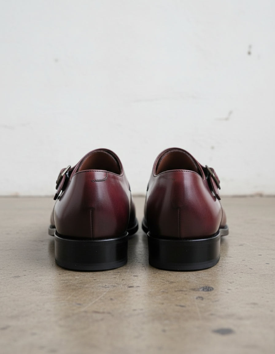 Handmade Mens Maroon Brogue Monk dress shoes, Men leather formal shoes - back-view