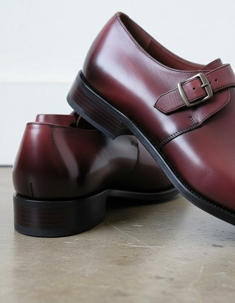 Handmade Mens Maroon Brogue Monk dress shoes, Men leather formal shoes - detail-view-showing-texture