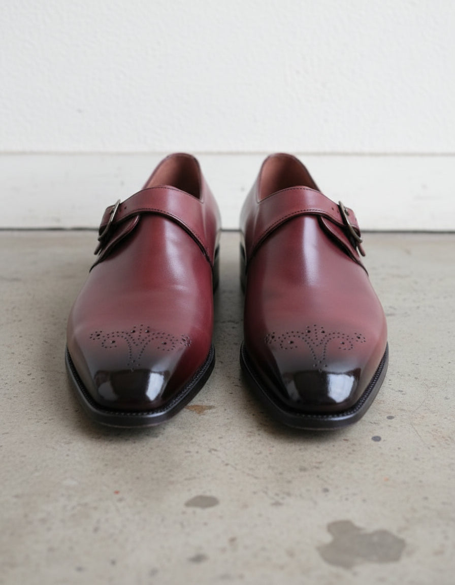 Handmade Mens Maroon Brogue Monk dress shoes, Men leather formal shoes - front-view