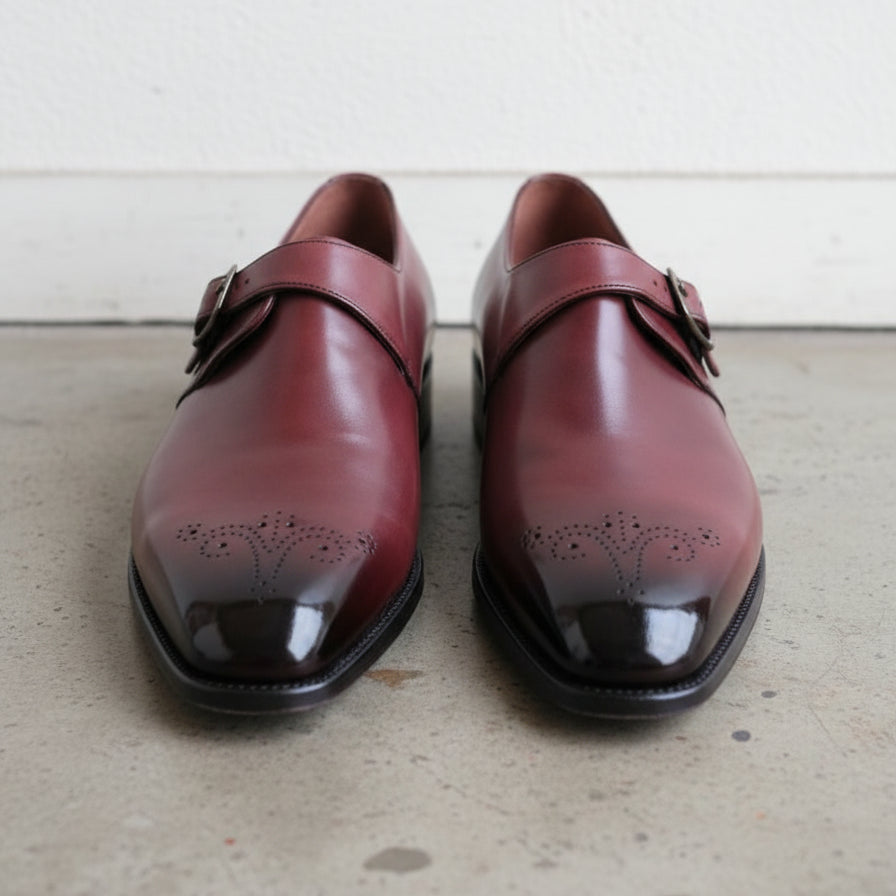 Handmade Mens Maroon Brogue Monk dress shoes, Men leather formal shoes - front-view