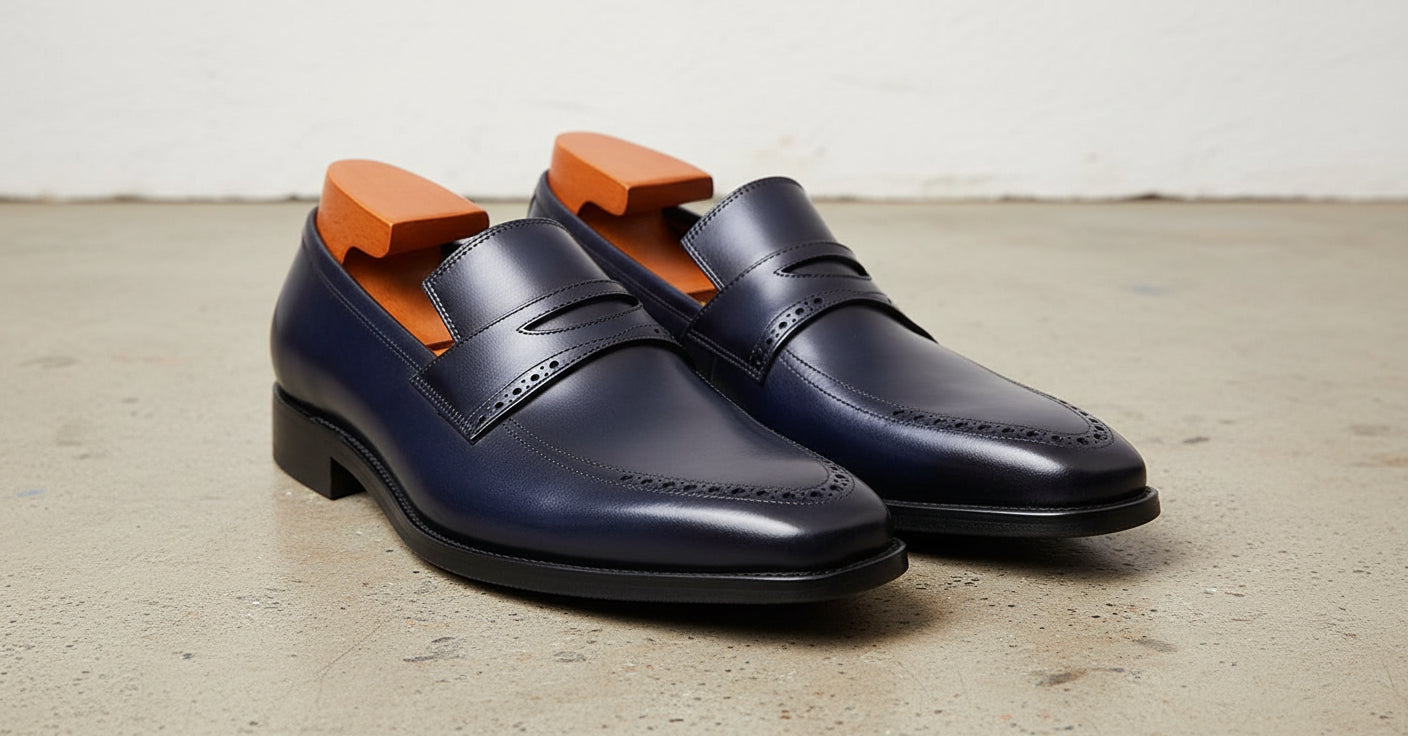 Handmade Mens Navy blue leather moccasins, Blue dress shoes for mens - front-view