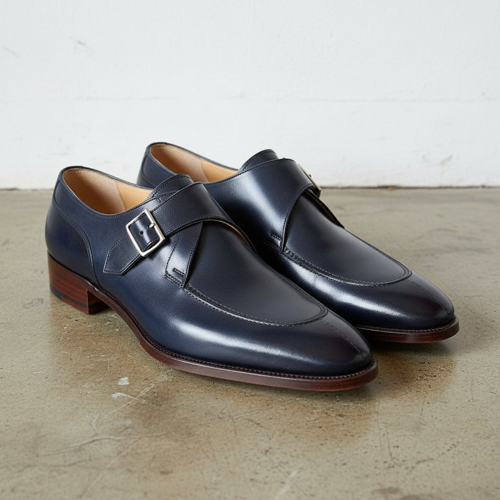Handmade Mens Navy blue leather monk shoes, Mens dress shoes - angle-view-showing-depth