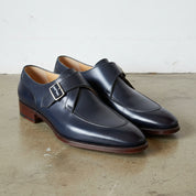 Handmade Mens Navy blue leather monk shoes, Mens dress shoes - angle-view-showing-depth