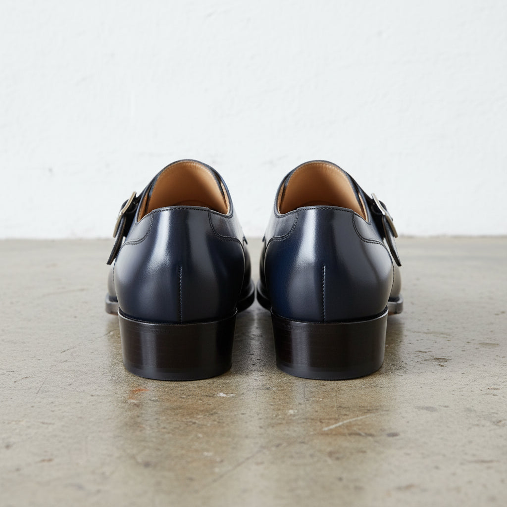 Handmade Mens Navy blue leather monk shoes, Mens dress shoes - back-view