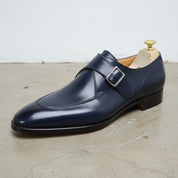 Handmade Mens Navy blue leather monk shoes, Mens dress shoes - detail-view-showing-texture