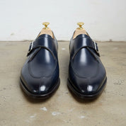 Handmade Mens Navy blue leather monk shoes, Mens dress shoes - front-view