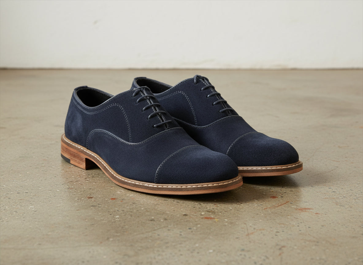 Handmade Mens Navy blue Oxfords shoes, Men blue suede dress shoes - angle-view-showing-depth