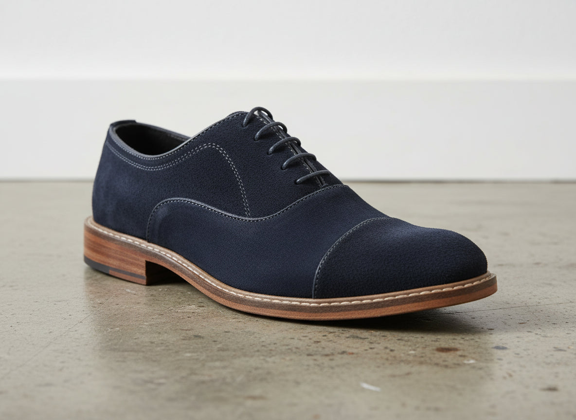 Handmade Mens Navy blue Oxfords shoes, Men blue suede dress shoes - detail-view-showing-texture