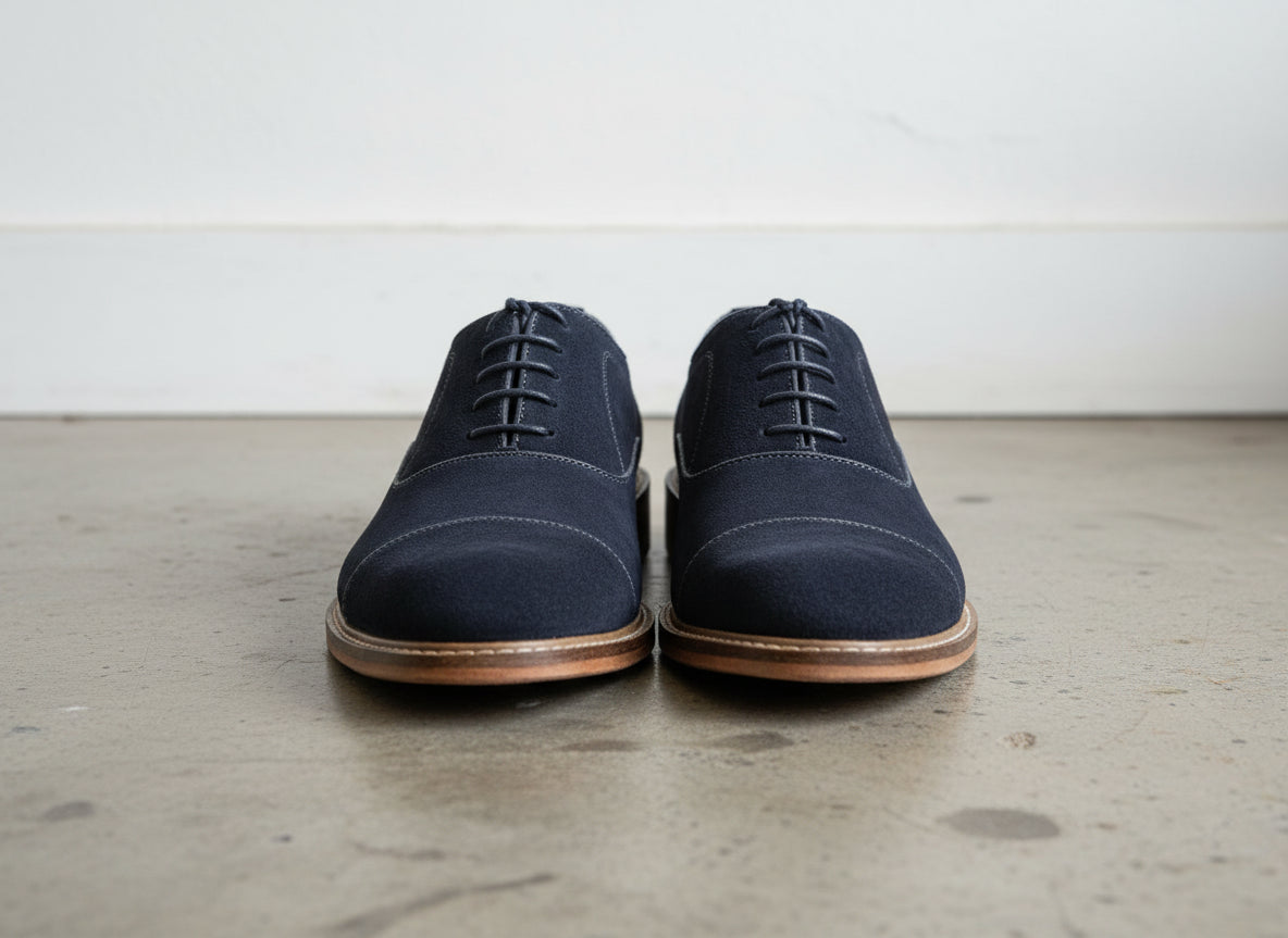 Handmade Mens Navy blue Oxfords shoes, Men blue suede dress shoes - front-view