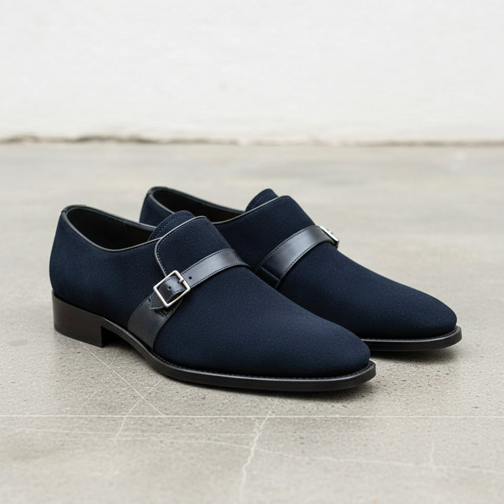 Handmade Mens Navy blue Oxfords Suede monk Shoes, Men blue suede dress shoe - angle-view-showing-depth