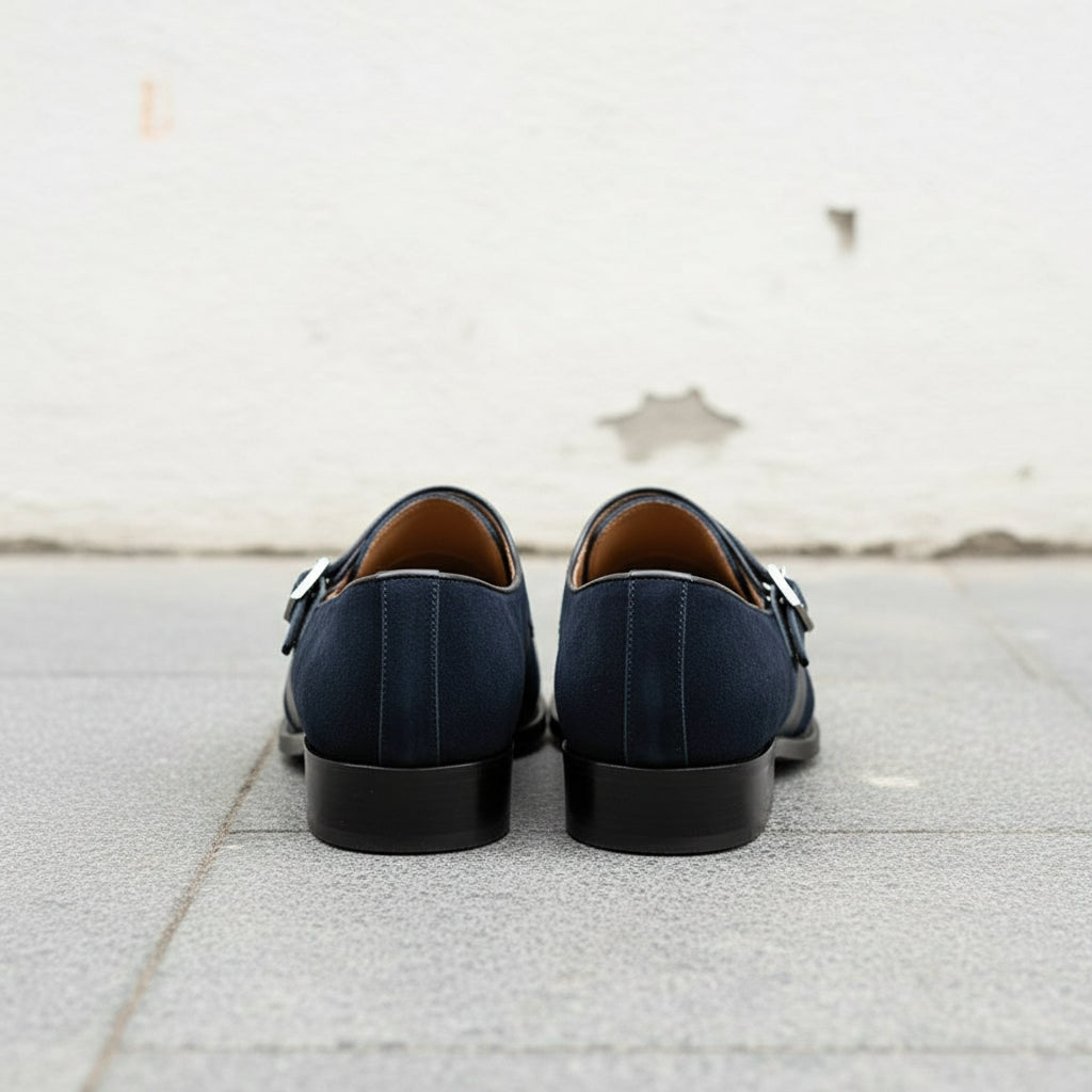 Handmade Mens Navy blue Oxfords Suede monk Shoes, Men blue suede dress shoe - back-view
