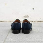 Handmade Mens Navy blue Oxfords Suede monk Shoes, Men blue suede dress shoe - back-view