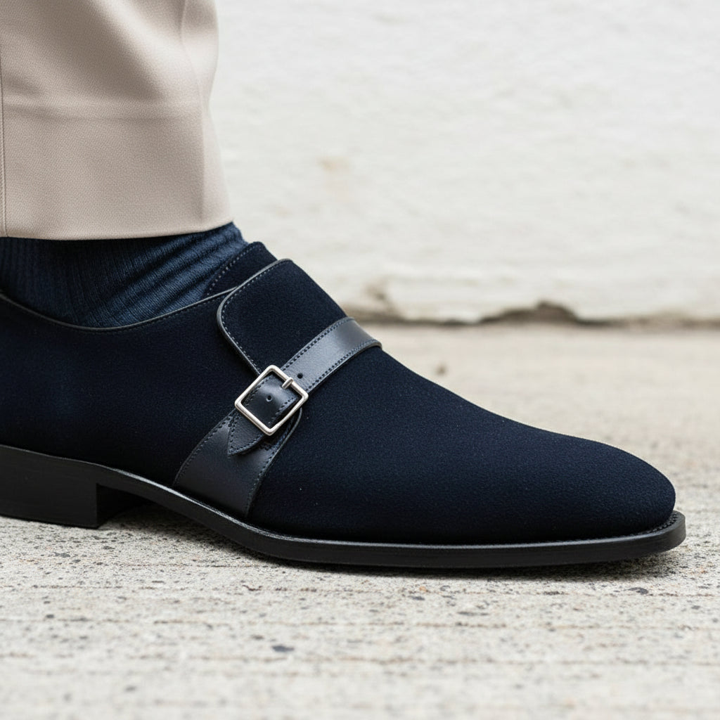 Handmade Mens Navy blue Oxfords Suede monk Shoes, Men blue suede dress shoe - detail-view-showing-texture
