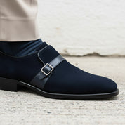 Handmade Mens Navy blue Oxfords Suede monk Shoes, Men blue suede dress shoe - detail-view-showing-texture