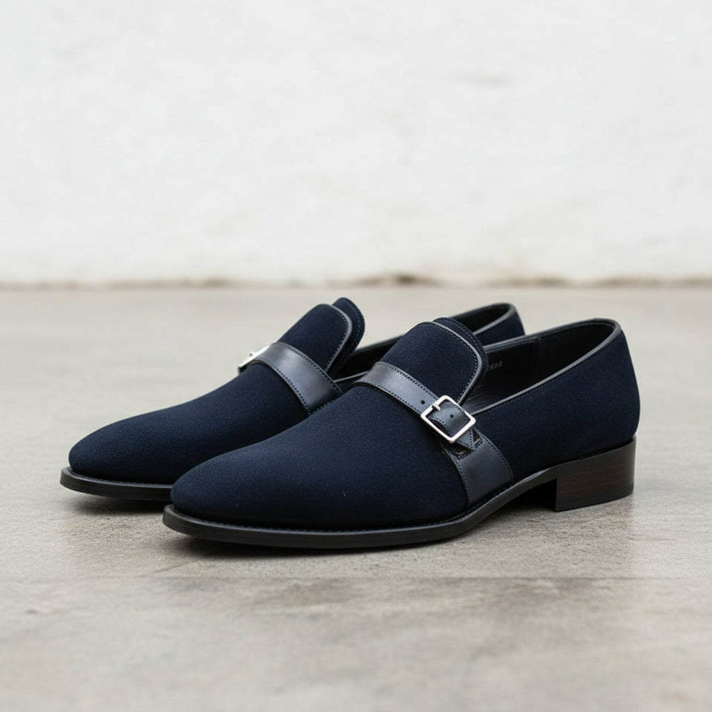 Handmade Mens Navy blue Oxfords Suede monk Shoes, Men blue suede dress shoe - front-view
