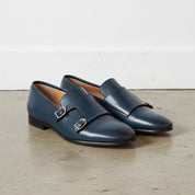 Handmade Mens Navy blue round toe monk shoes, Men blue dress shoes - 3-4-right-view