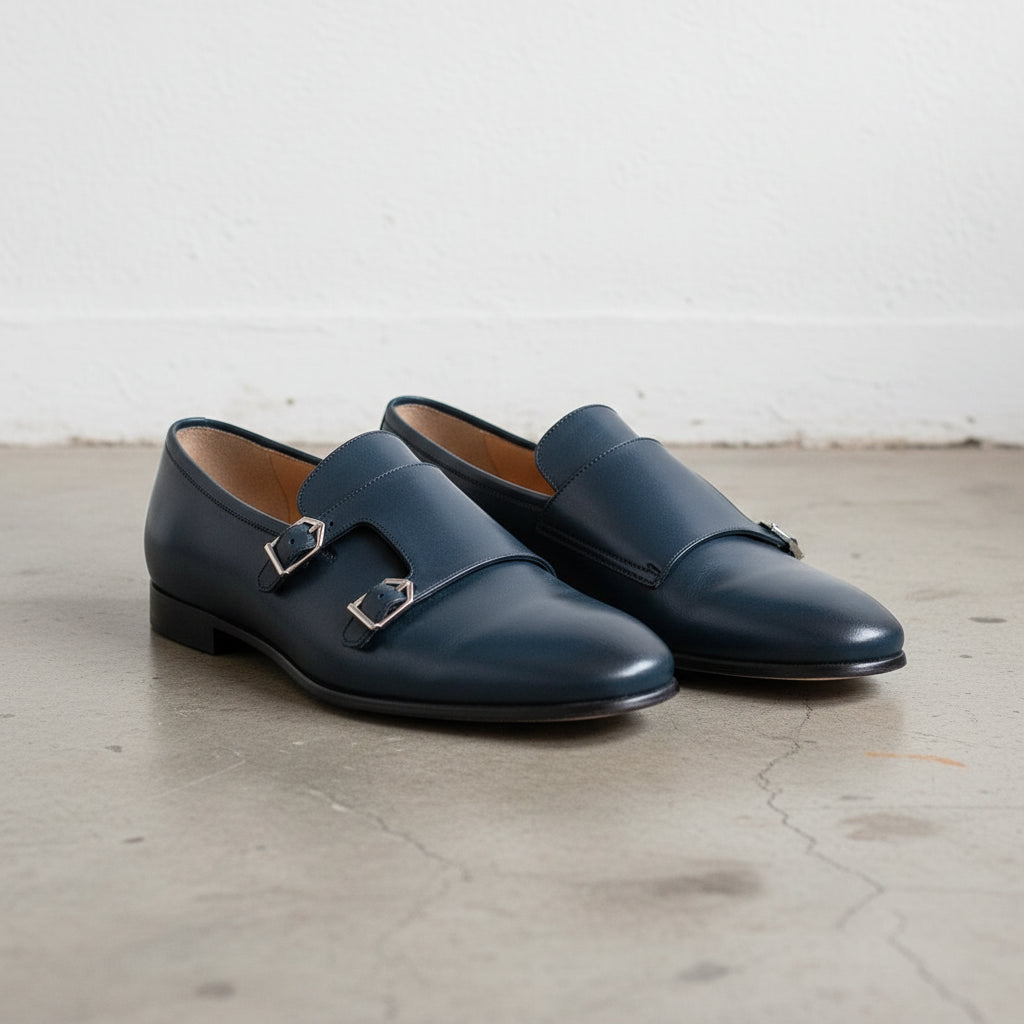 Handmade Mens Navy blue round toe monk shoes, Men blue dress shoes - angle-view-showing-depth