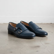 Handmade Mens Navy blue round toe monk shoes, Men blue dress shoes - angle-view-showing-depth