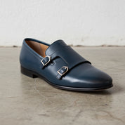 Handmade Mens Navy blue round toe monk shoes, Men blue dress shoes - detail-view-showing-texture