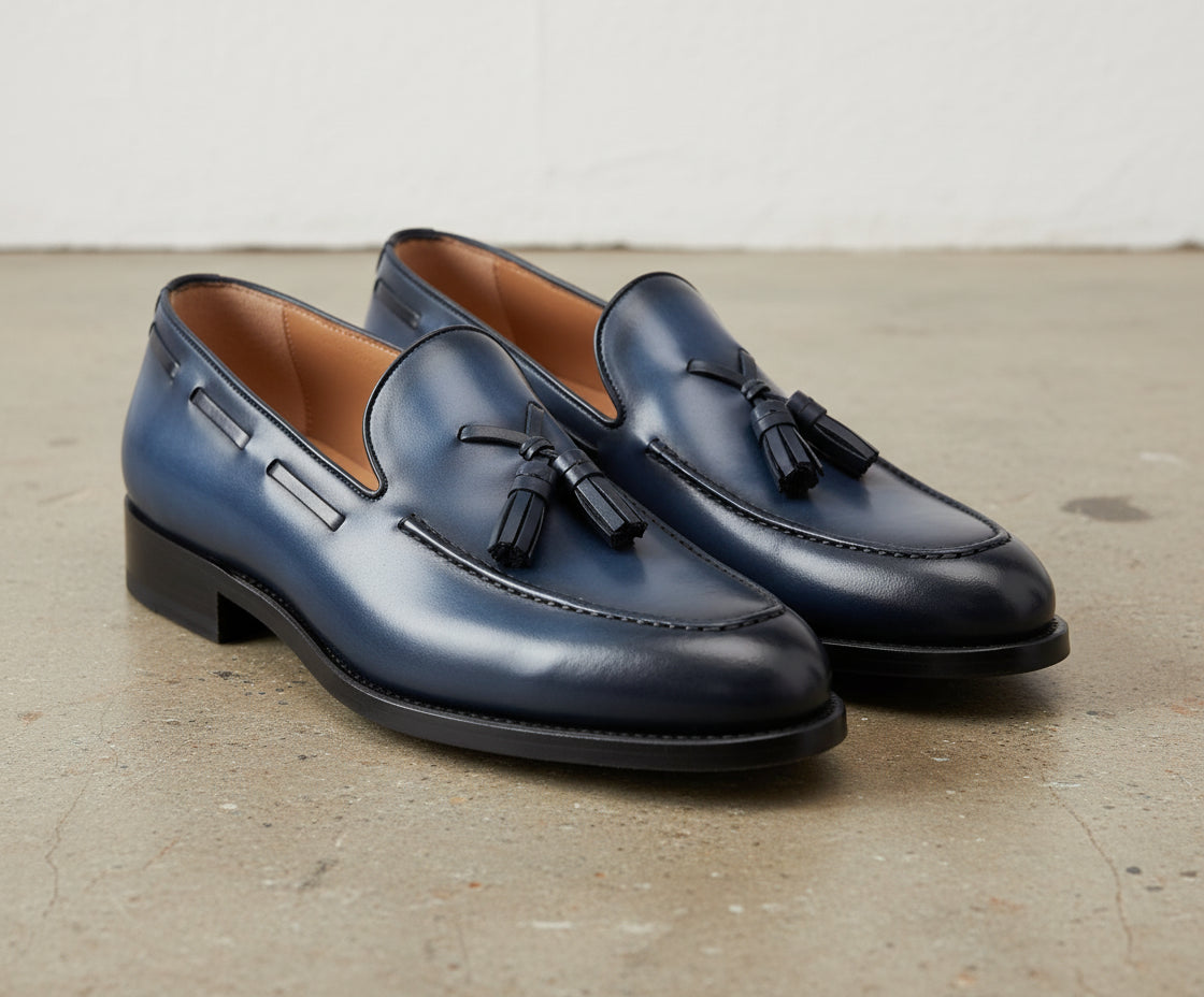 Handmade Mens Navy blue Tassels shoes, Men blue leather dess shoes Loafer - angle-view-showing-depth
