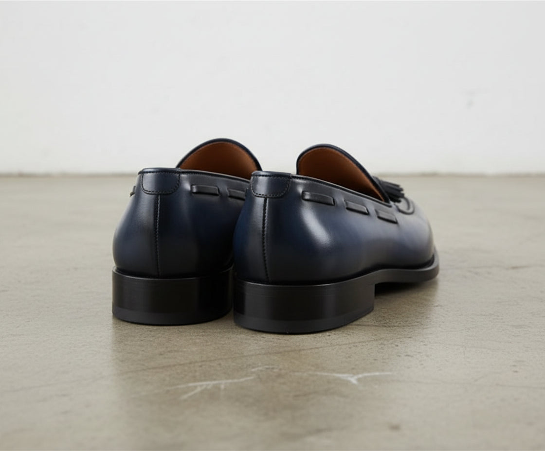 Handmade Mens Navy blue Tassels shoes, Men blue leather dess shoes Loafer - back-view