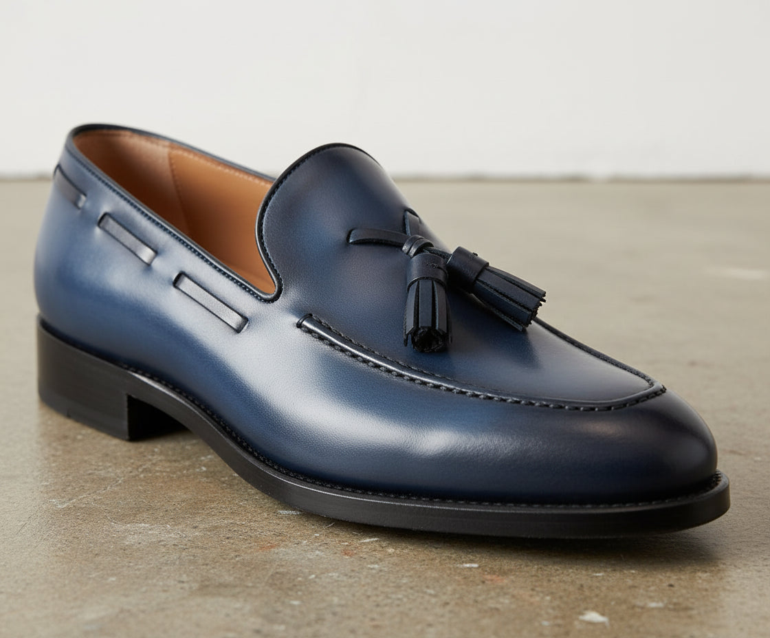 Handmade Mens Navy blue Tassels shoes, Men blue leather dess shoes Loafer - detail-view-showing-texture