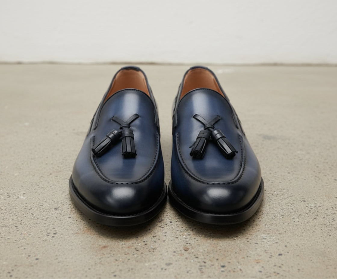 Men's Navy Blue Handmade Leather Tassel Loafers US 11.5 / Navy Blue / D - Standard Men's Navy Blue Handmade Leather Tassel Loafers US 11.5 / Navy Blue / D - Standard