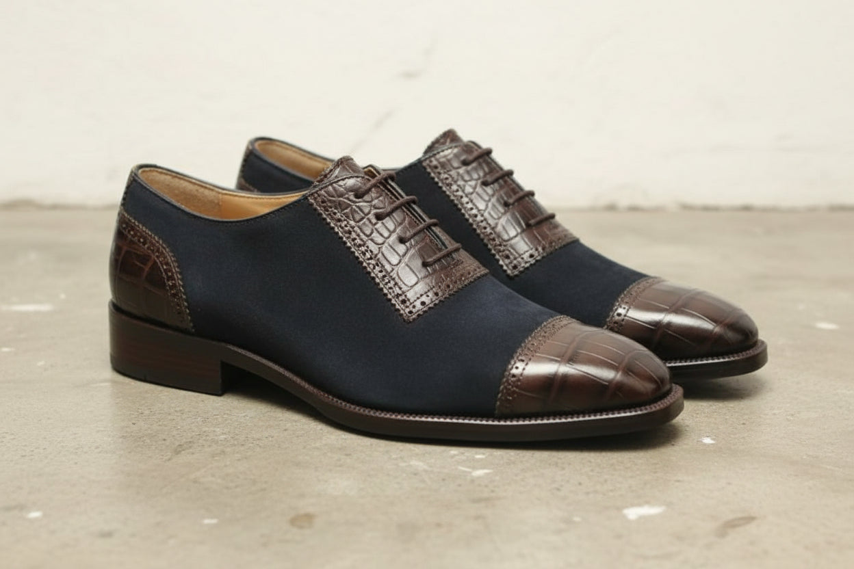 Handmade Mens Oxfords Two tone Formal Shoes, Men leather and suede shoes - 3-4-right-view