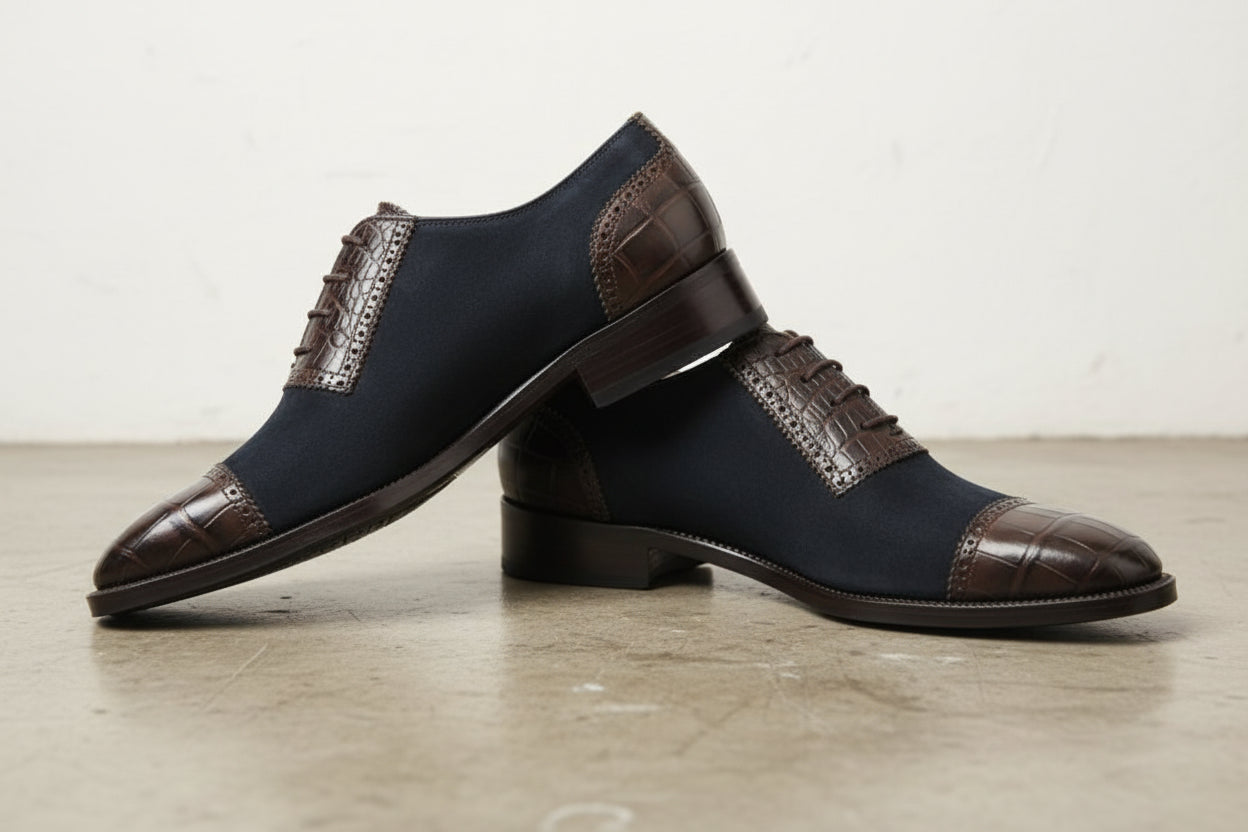 Handmade Mens Oxfords Two tone Formal Shoes, Men leather and suede shoes - angle-view-showing-depth