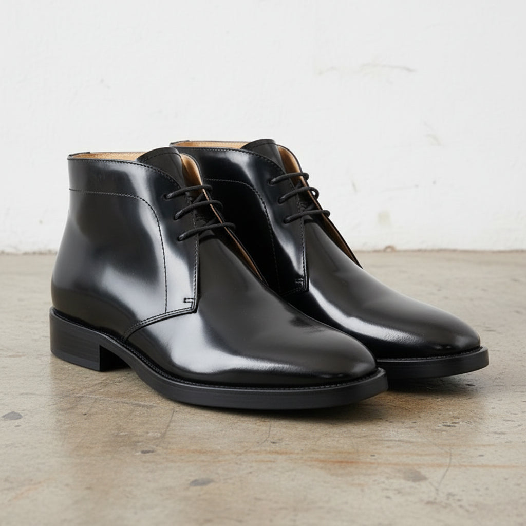 Handmade Men's Patent Cow Leather Formal Boots - angle-view-showing-depth