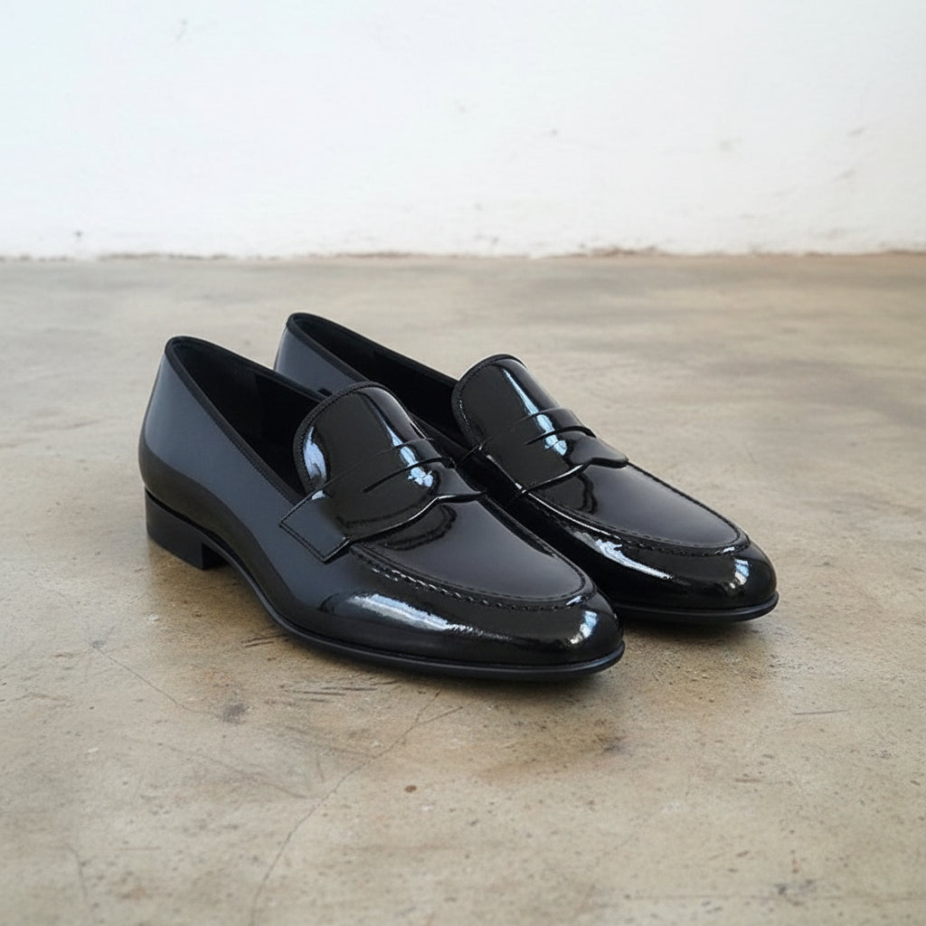 Handmade Mens Patent Leather Shoes, Men Black formal shoes moccasins Loafer - 3-4-right-view