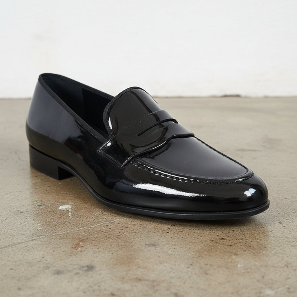 Handmade Mens Patent Leather Shoes, Men Black formal shoes moccasins Loafer - detail-view-showing-texture