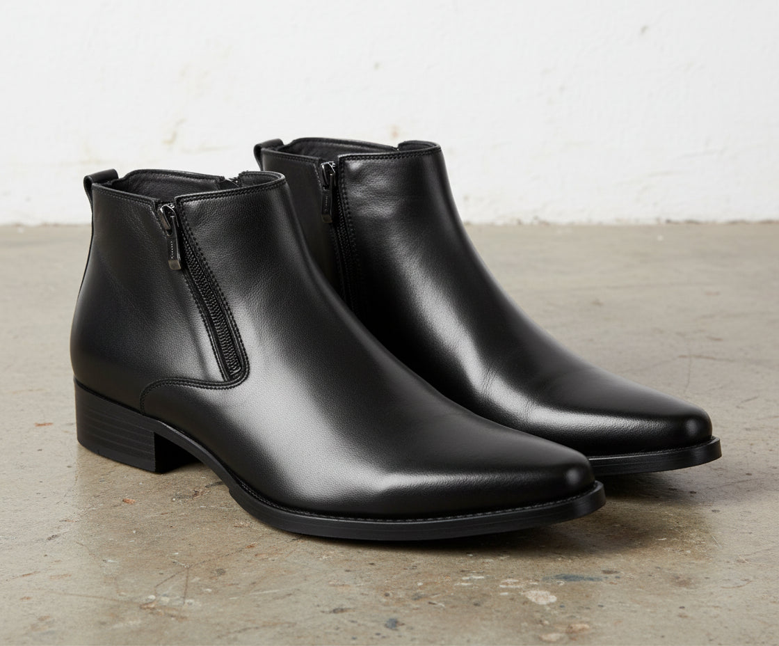 Handmade Mens Pointed Toe Boots, Men Black Zipper Ankle Boot, Fashion - angle-view-showing-depth