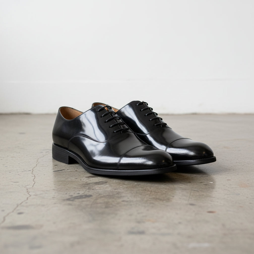 Handmade Men's Polished Cow Leather Oxford Dress Shoes - angle-view-showing-depth