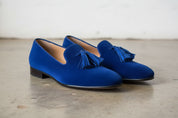 Handmade Mens Royal Blue Tassels Loafer Velvet Shoes, Men Blue Velvet Shoes - 3-4-right-view