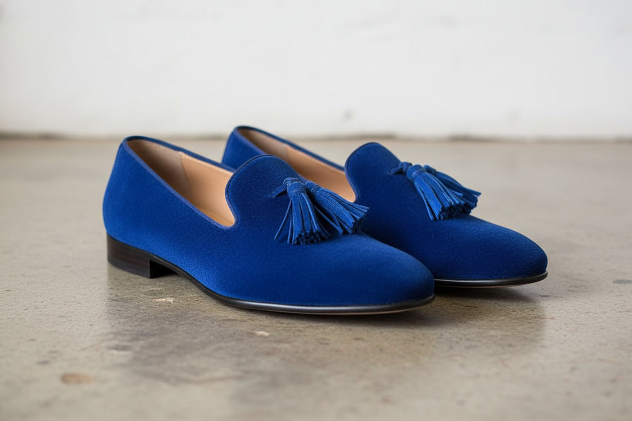 Handmade Mens Royal Blue Tassels Loafer Velvet Shoes, Men Blue Velvet Shoes - 3-4-right-view
