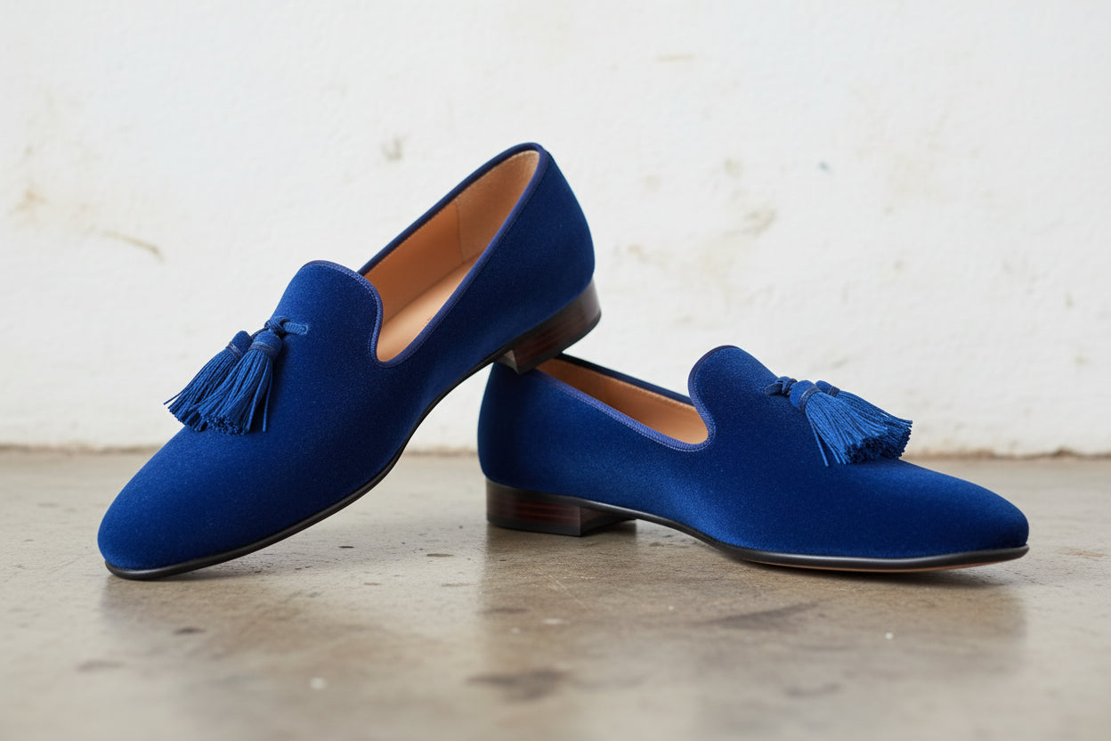 Handmade Mens Royal Blue Tassels Loafer Velvet Shoes, Men Blue Velvet Shoes - angle-view-showing-depth
