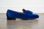 Handmade Mens Royal Blue Tassels Loafer Velvet Shoes, Men Blue Velvet Shoes - detail-view-showing-texture