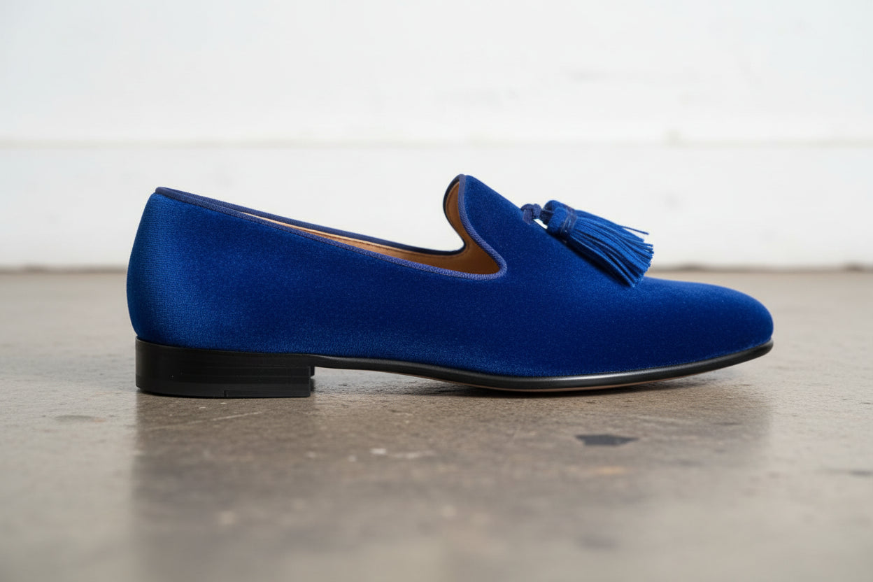Handmade Mens Royal Blue Tassels Loafer Velvet Shoes, Men Blue Velvet Shoes - detail-view-showing-texture