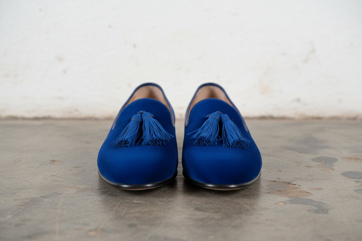 Handmade Mens Royal Blue Tassels Loafer Velvet Shoes, Men Blue Velvet Shoes - front-view