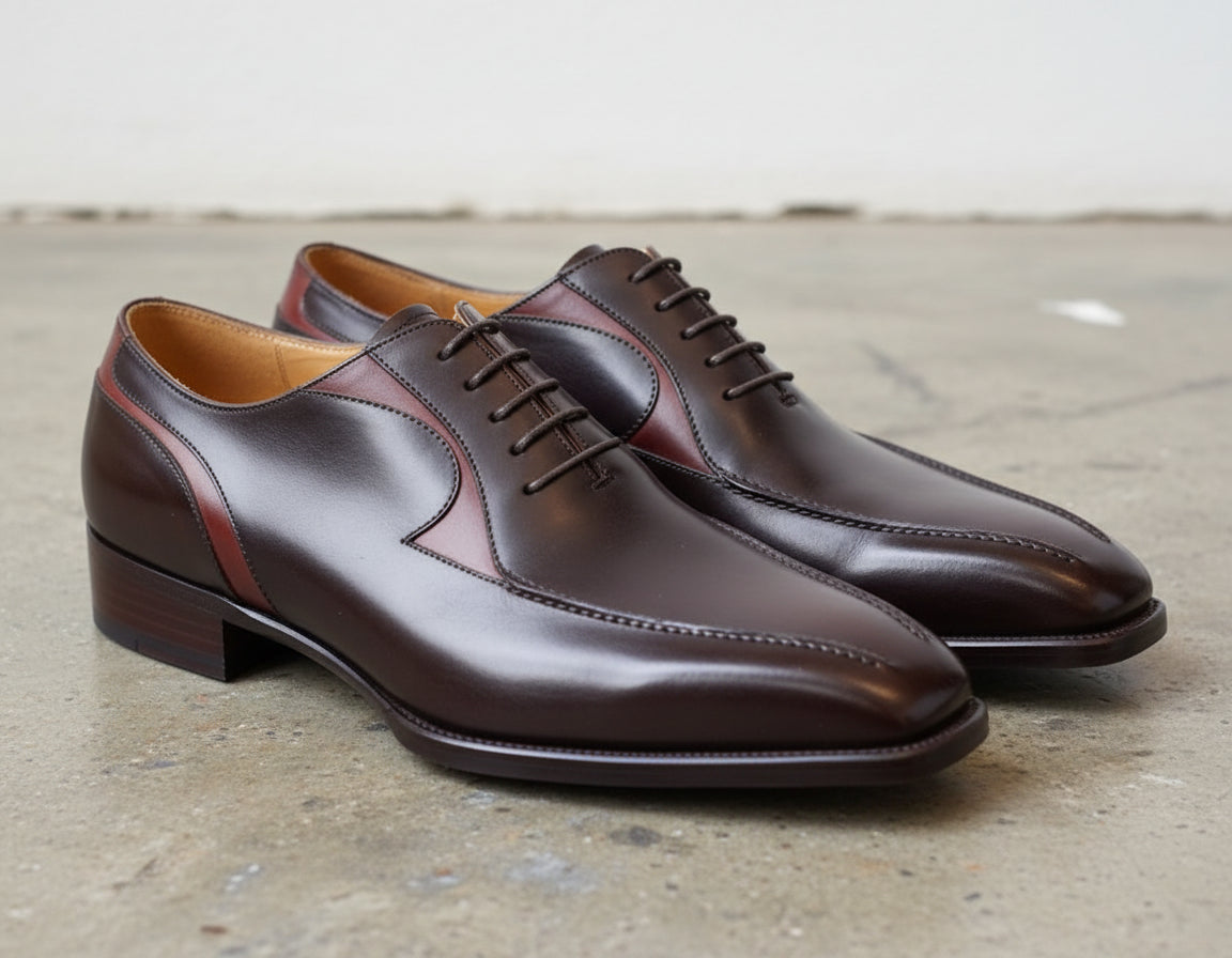 Handmade Mens Stylish Oxfords two tone Leather Dress shoes, Men tuxedo shoe - angle-view-showing-depth