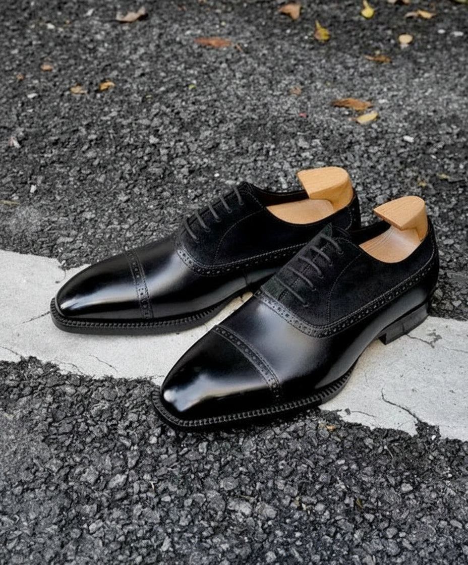 Handmade Mens suede and leather shoes Men leather Oxford shoes, Men shoes - angle-view-showing-depth