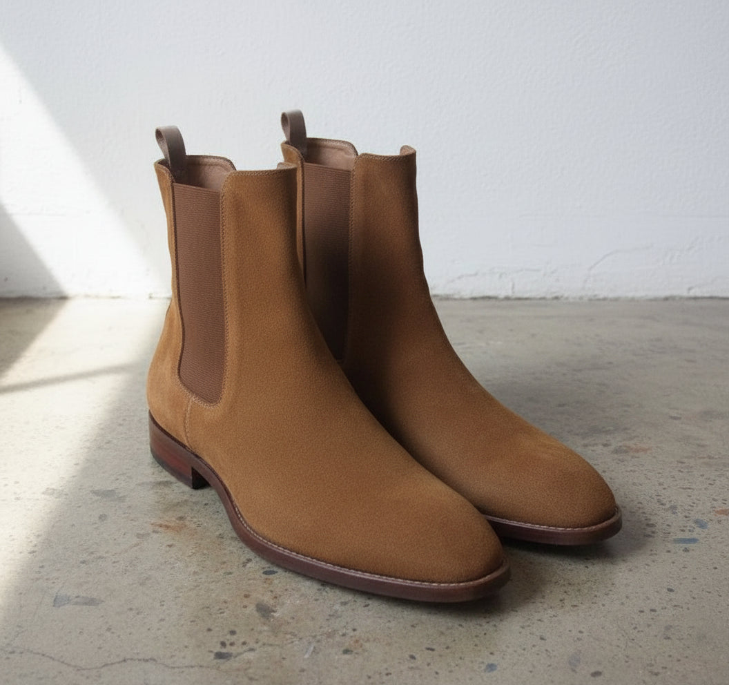 Handmade Mens Suede Chelsea boot, Men tan suede ankle boots, Casual boots - angle-view-showing-depth