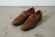 Handmade Mens suede penny loafer, Men brown suede moccasins shoes - angle-view-showing-depth