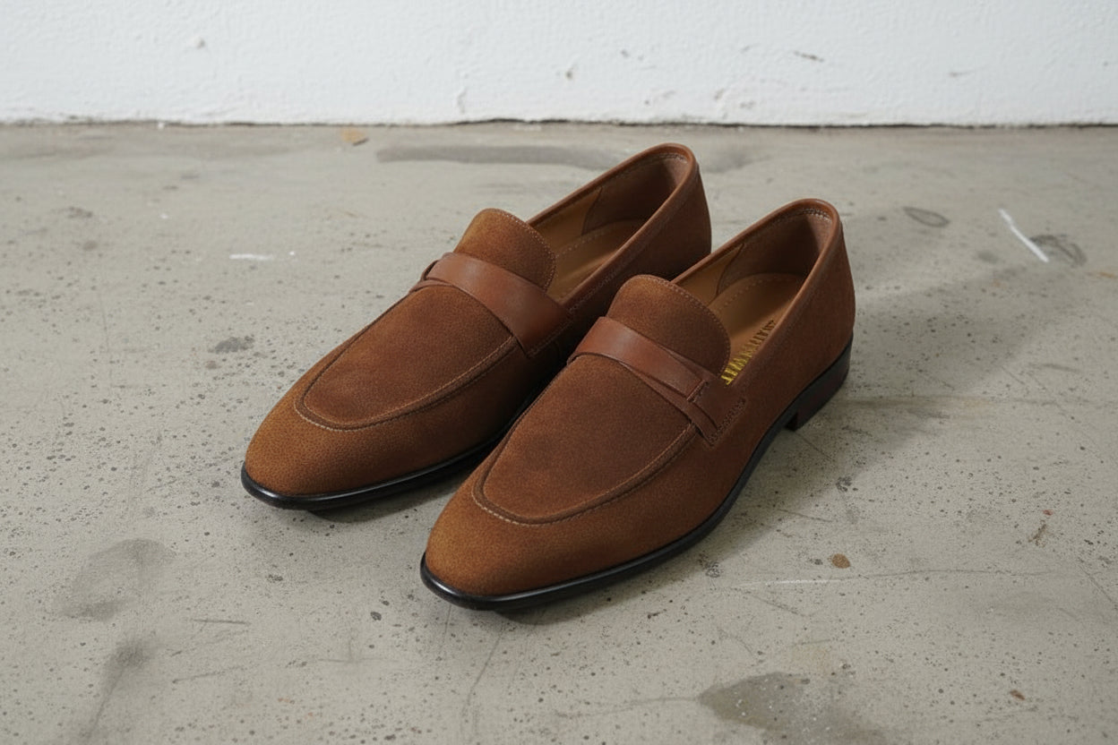 Handmade Mens suede penny loafer, Men brown suede moccasins shoes - angle-view-showing-depth