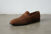 Handmade Mens suede penny loafer, Men brown suede moccasins shoes - detail-view-showing-texture