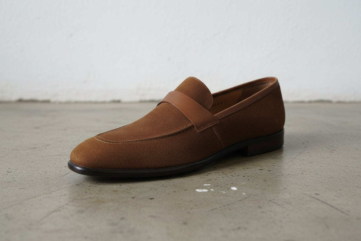 Handmade Mens suede penny loafer, Men brown suede moccasins shoes - detail-view-showing-texture
