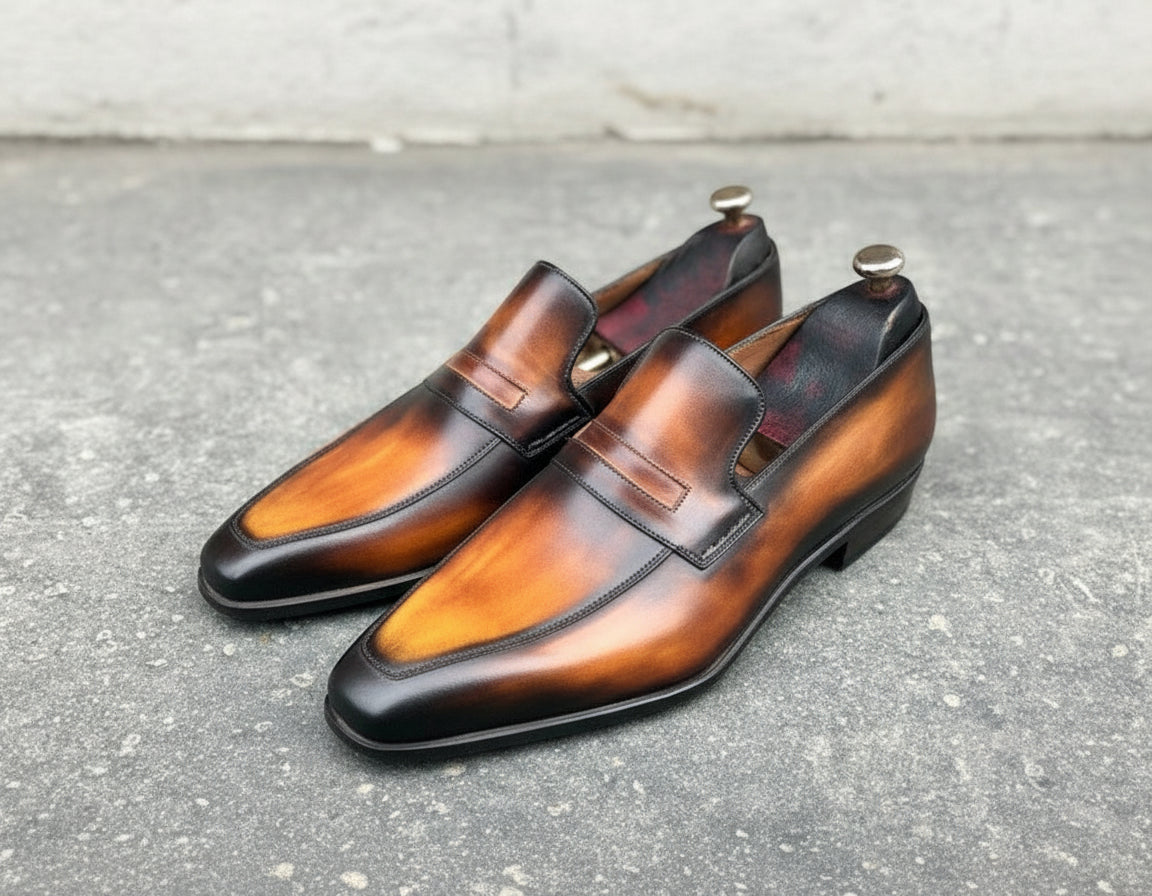 Handmade Men's Tan and Black Almond Toe Moccasin Dress Shoes, Real Leather - angle-view-showing-depth